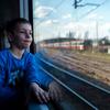 صبي يبلغ من العمر ستة أعوام يركب قطارا على طول الحدود البولندية الأوكرانية في ميديكا، بعد فراره من الصراع في أوكرانيا مع والدته.