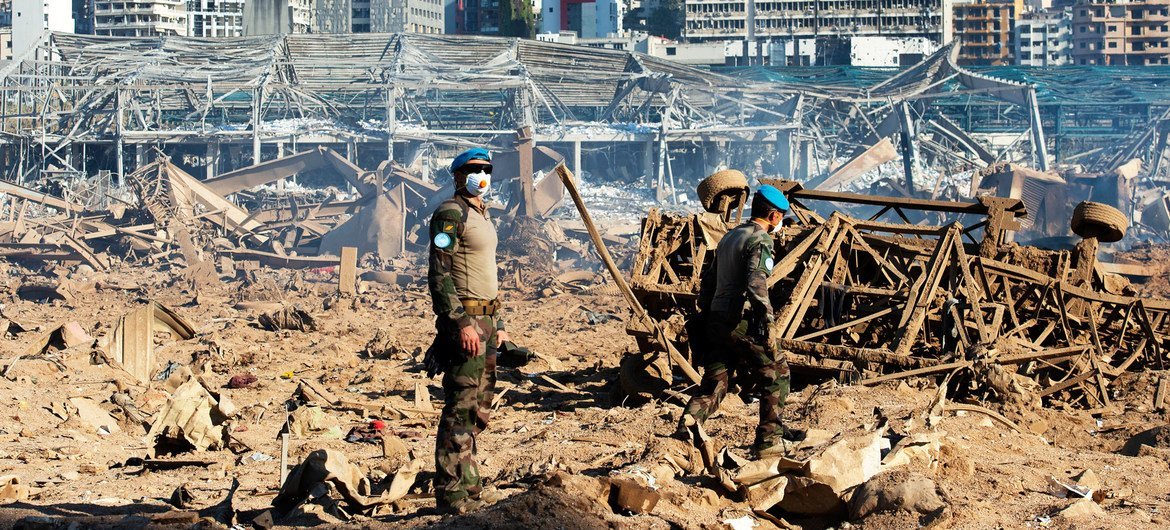 Peacekeepers from the UN mission, UNIFIL,  assess the magnitude of the blast that destroyed Beirut Port, Lebanon.