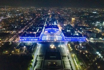 An historic building in Bishkek, Kyrgyzstan, is lit up as part of a campaign by the UN Children's Fund (UNICEF) in November 2019.