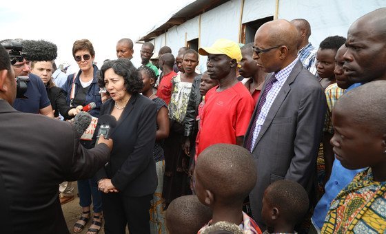 Prior to the COVID-19 pandemic, UN Special Representative Leila Zerrougui speaks to the media in DR Congo after visiting a camp for internally displaced people in the east of the country.