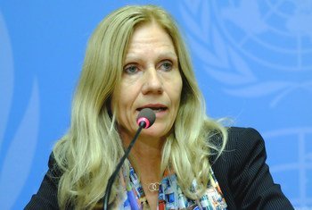 Dr Susan Teltscher, Head, Human Capacity Building Division, ITU speaking to the press at UN Headquarters in Geneva.