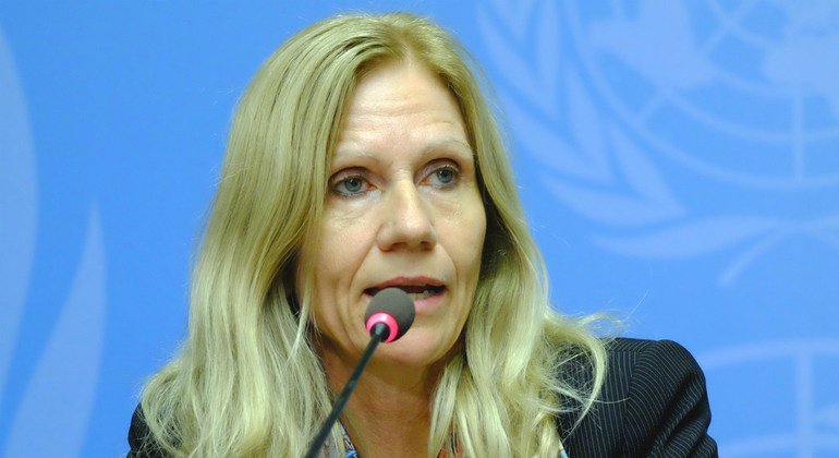 Dr Susan Teltscher, Head, Human Capacity Building Division, ITU speaking to the press at UN Headquarters in Geneva.