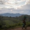 سيدة تحمل طفلها متوجهة إلى منزلها من الحقول في مقاطعة شمال كيفو في جمهورية الكونغو الديمقراطية.