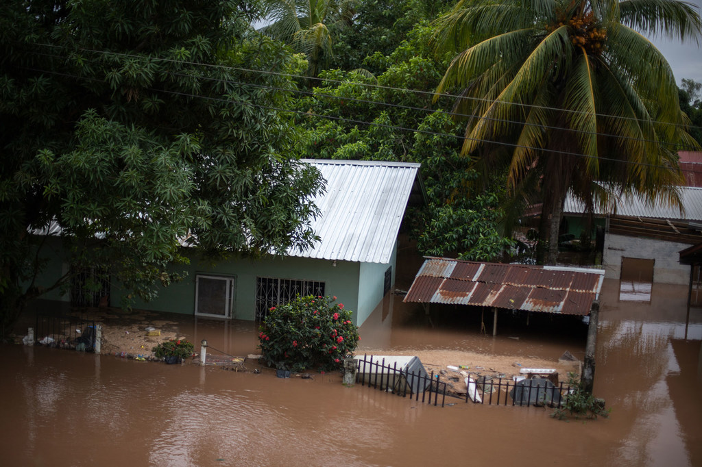 En el barrio La Democracia del municipio de San Manuel en el departamento de Cortés, las casas están sumergidas debido a la inundación del río Ulúa, causada por las tormentas de Eta e Iota que dejaron a todo el barrio bajo el agua.