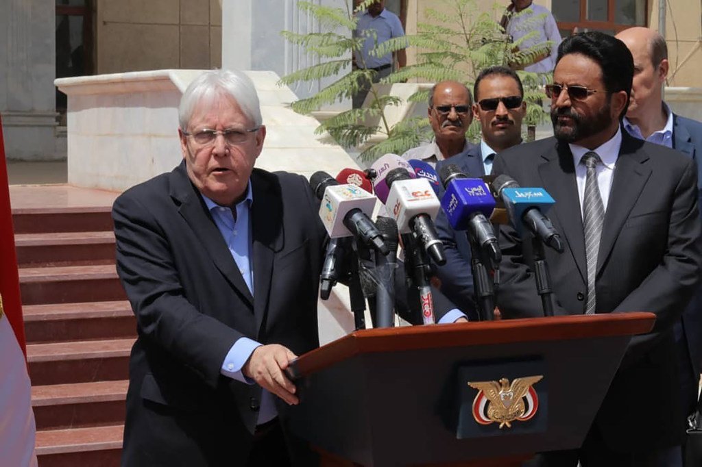 联合国也门特使格里菲斯（Martin Griffiths）在访问马里卜期间向新闻界发表谈话。 