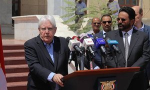 Special Envoy for Yemen, Martin Griffiths, talks to journalists during a visit to Marib