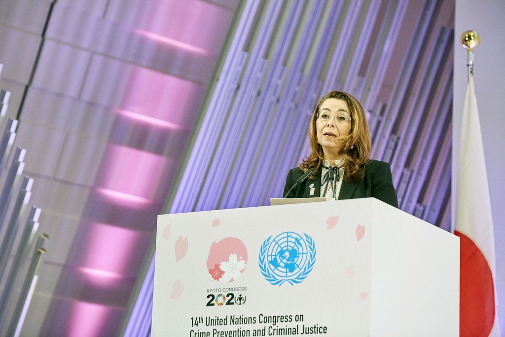 غادة والي، المديرة التنفيذية لمكتب الأمم المتحدة المعني بالمخدرات والجريمة، تتحدث في افتتاح مؤتمر الأمم المتحدة الرابع عشر لمنع الجريمة والعدالة الجنائية.