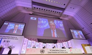 UN Secretary-General António Guterres addressing the opening of the 14th United Nations Congress on Crime Prevention and Criminal Justice, via video.