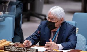 Martin Griffiths, Under-Secretary-General for Humanitarian Affairs and Emergency Relief Coordinator, briefs the Security Council meeting on threats to international peace and security.