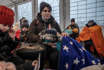 On 6 March 2022, a woman rests with her children after travelling from Ovruch in Ukraine to Medyka, Poland.
