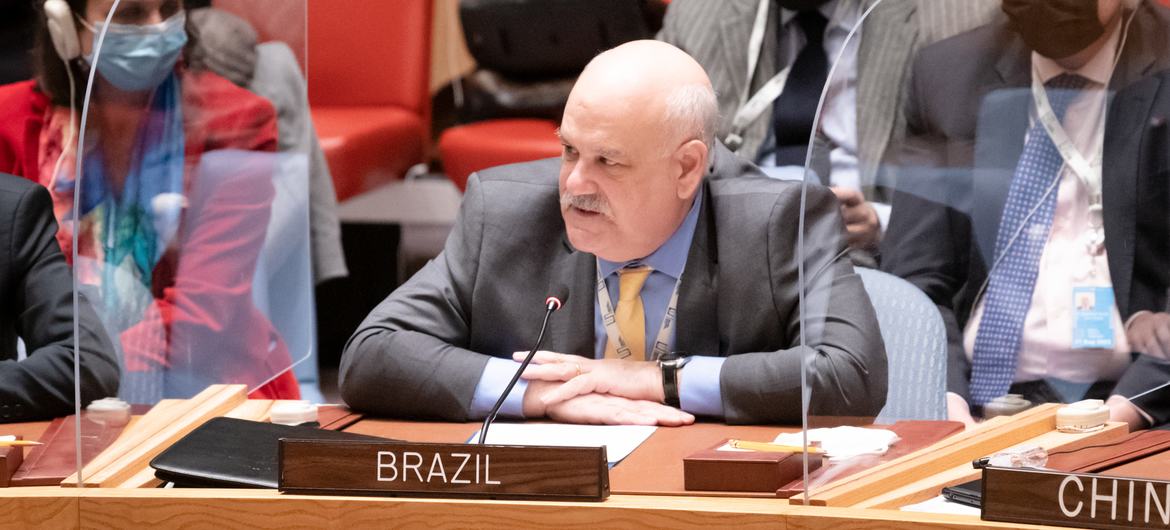O embaixador brasileiro Ronaldo Costa Filho durante reunião de emergência no Conselho de Segurança sobre a Ucrânia 