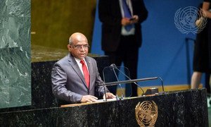 Abdulla Shahid of the Maldives takes the podium after being elected President of the 76th session of the General Assembly.