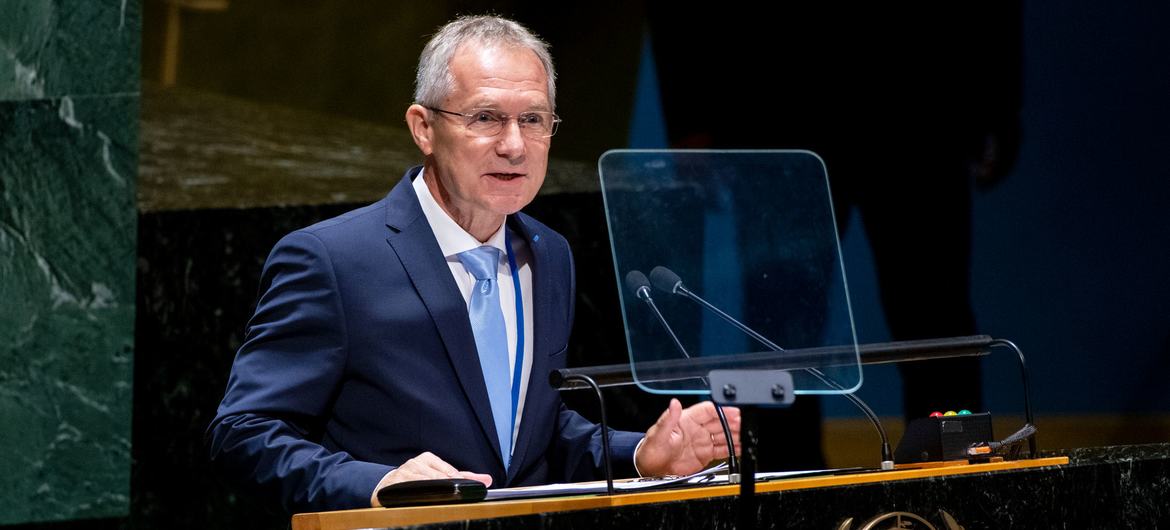 Csaba Kőrösi, President elected during the seventy-seventh session of the United Nations General Assembly, addresses the members of the General Assembly.