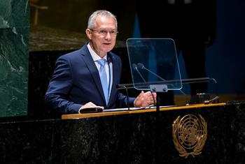 Csaba Kőrösi, President-elect of the seventy-seventh session of the United Nations General Assembly, addresses members of the General Assembly.
