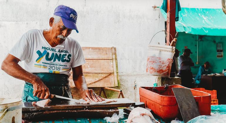 Um vendedor limpa peixes em Veracruz, México. Taxa de desemprego masculino caiu de 10,4% no final do segundo trimestre de 2020 para 6,9% no final do primeiro trimestre de 2022