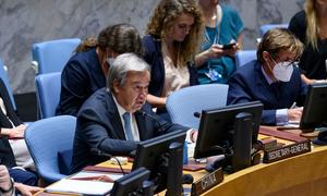 Secretary-General António Guterres addresses UN Security Council members on threats to international peace and security.