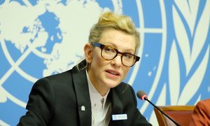Cate Blanchett, Goodwill Ambassador for the UN Refugee Agency (UNHCR), addresses the media at the UN's headquarters in Geneva.