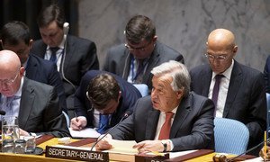 UN Secretary-General António Guterres addresses a Security Council meeting on peace and security in Africa.