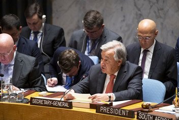 UN Secretary-General António Guterres addresses a Security Council meeting on peace and security in Africa.