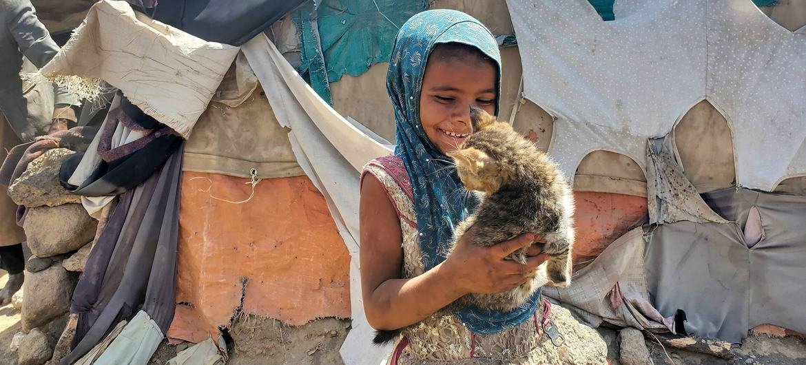 فتاة يمنية تلعب مع قطة صغيرة في موقع يستضيف نازحين في صنعاء باليمن، تشرين الثاني/نوفمبر 2021.