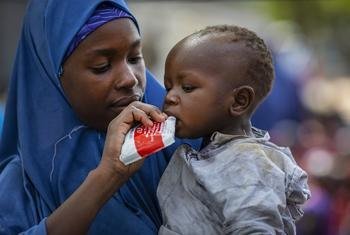 在世界粮食计划署在尼日利亚进行的饥荒评估活动中，一位流离失所的母亲在给孩子喂花生酱。