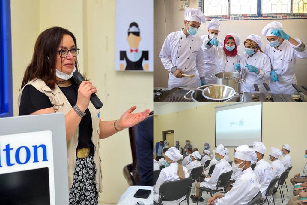 السيدة دعاء عرفة، مديرة برامج الحماية الاجتماعية في برنامج الأغذية العالمي تتحدث إلى الحضور في فعالية تدريب شباب للأعمال الفندقية