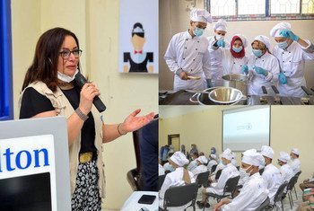 السيدة دعاء عرفة، مديرة برامج الحماية الاجتماعية في برنامج الأغذية العالمي تتحدث إلى الحضور في فعالية تدريب شباب للأعمال الفندقية
