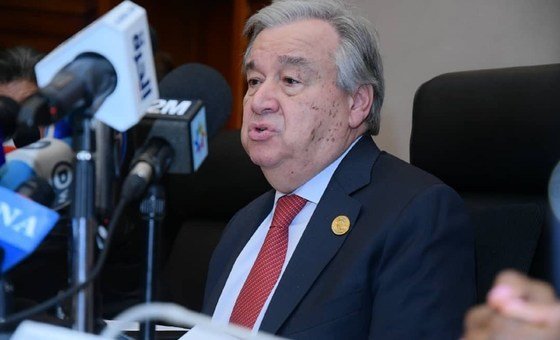 UN Secretary-General António Guterres speaking to reporters at an AU Summit press conference in Addis Ababa Ethiopia (February 2020).