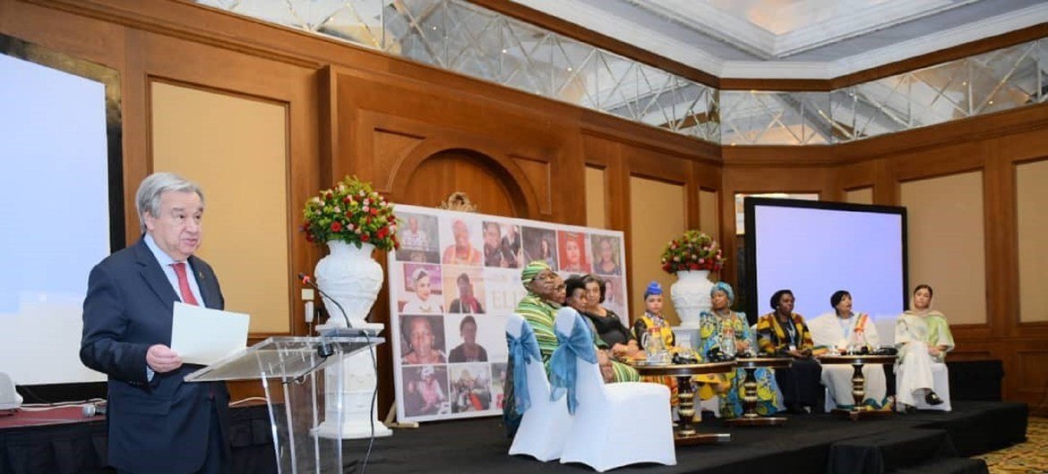 The United Nations Secretary General, Antonio Guterres at the launch of the book “She Stands for Peace: 20 years, 20 journeys”, at the AU Summit in 2020.