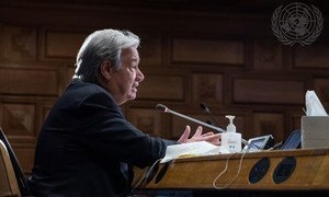 Le Secrétaire général de l'ONU, António Guterres, intervenant par visioconférence (archive)