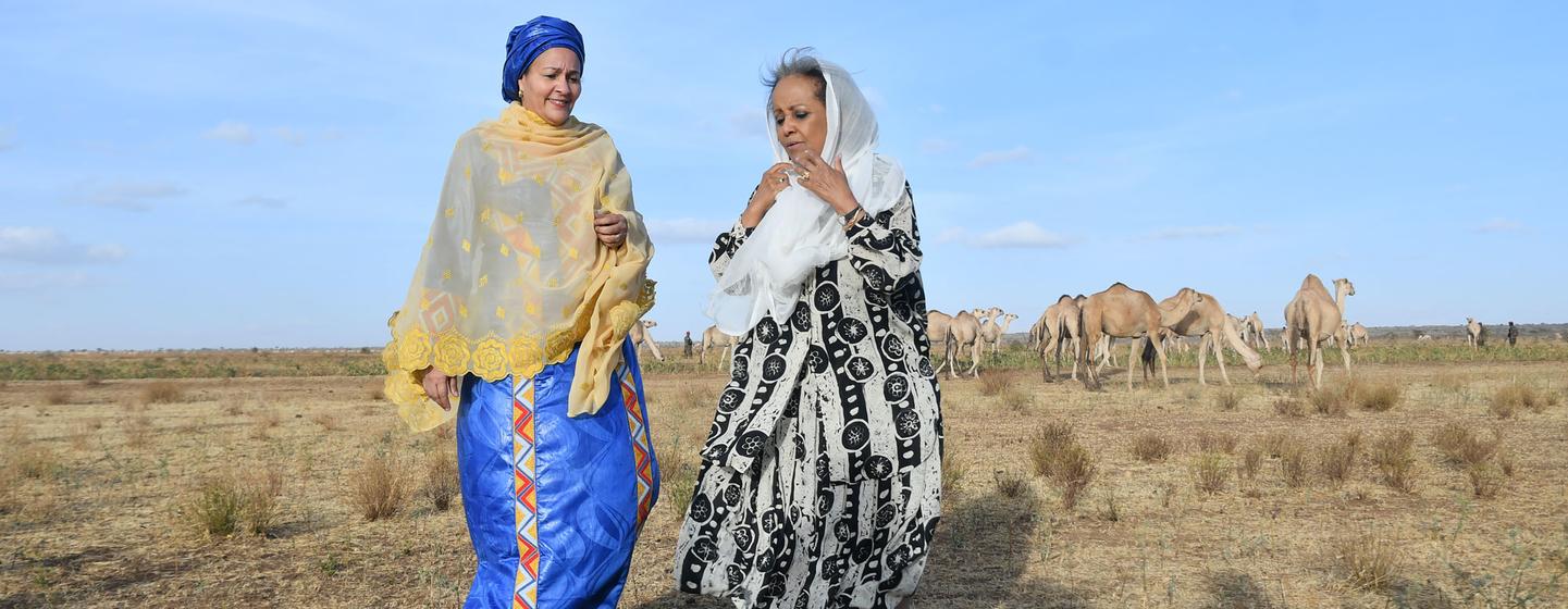 Deputy Secretary-General Amina Mohammed (left) was accompanied by President Sahle-Work Zewde of Ethiopia on her visit to drought-stricken communities in the Somali Regional State.