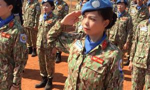 These ten women are among the 63 Vietnamese peacekeepers serving with UNMISS who were awarded the UN Medal at a ceremony in Bentiu, South Sudan in November 2019.