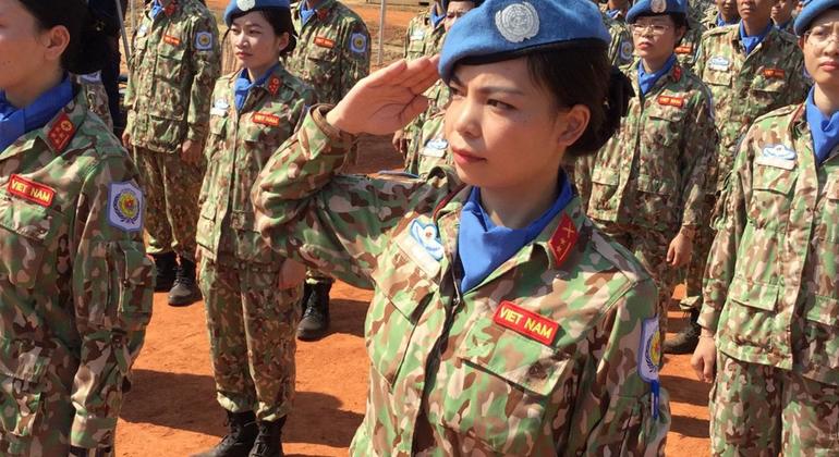 These ten women are among the 63 Vietnamese peacekeepers serving with UNMISS who were awarded the UN Medal at a ceremony in Bentiu, South Sudan in November 2019.