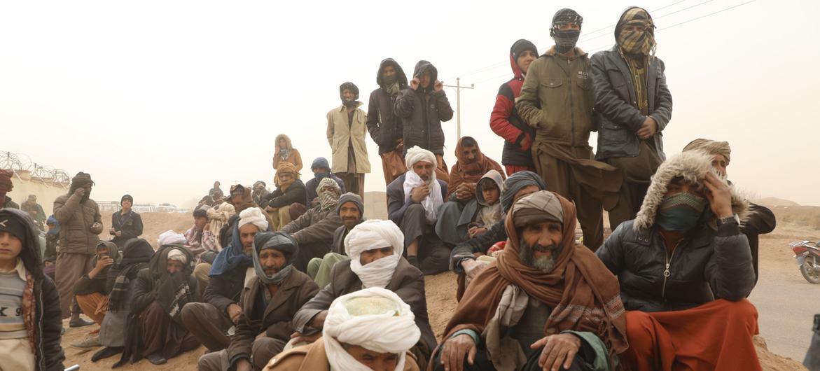 Des Afghans attendant une distribution de nourriture dans la province d'Hérat, en Afghanistan.