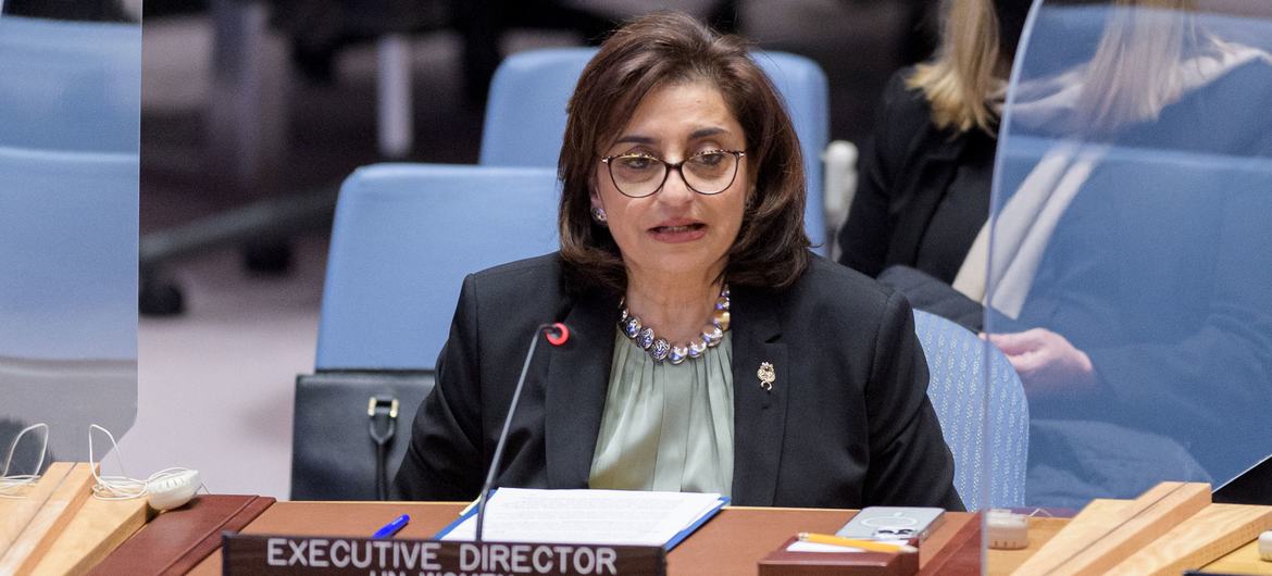 Sima Bahous, Executive Director of UN Women, briefs a UN Security Council meeting on women and peace and security.