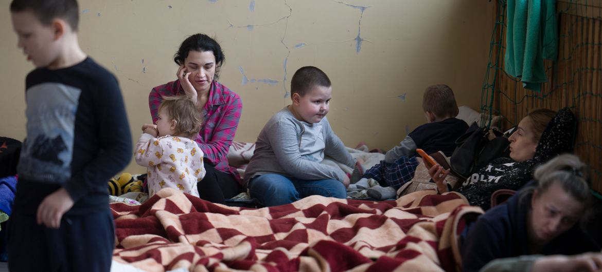 People who fled Ukraine, in a temporary shelter near Lublin.