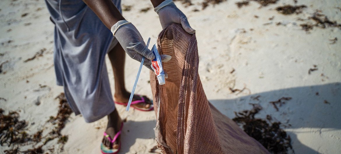 Litter is removed from a beach in Watamu in Kenya.