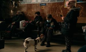 A family at Kramatorsk rail station in Ukraine waits for an evacuation train to Kyiv. 