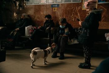 A family at Kramatorsk rail station in Ukraine waits for an evacuation train to Kyiv. 