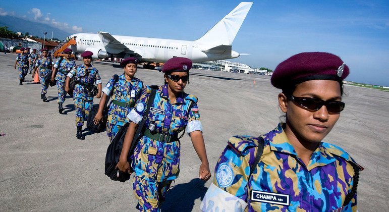 An all-woman Bangladeshi contingent arrives in Haiti following a devastating earthquake in 2010.