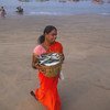 A woman carries fish from the shore in Maharashtra, India.