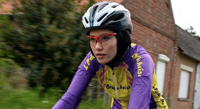 Road cyclist and Tokyo 2020 Refugee Olympic Team member Masomah Ali Zada, originally from Afghanistan, trains near her home in Lille, France. 