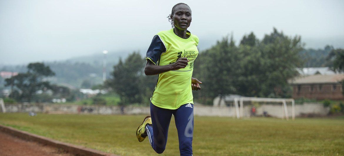  Athlete and Tokyo 2020 Refugee Olympic Team member Anlelina Nadai Lohalith, originally from South Sudan, practices at a track in Nairobi.