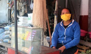 在马达加斯加的塔那那利佛，一名妇女经营着一家小店，出售预付费电话卡。