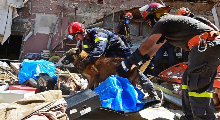 Los equipos de búsqueda y rescate trabajan en Beirut buscando víctimas de la explosión.