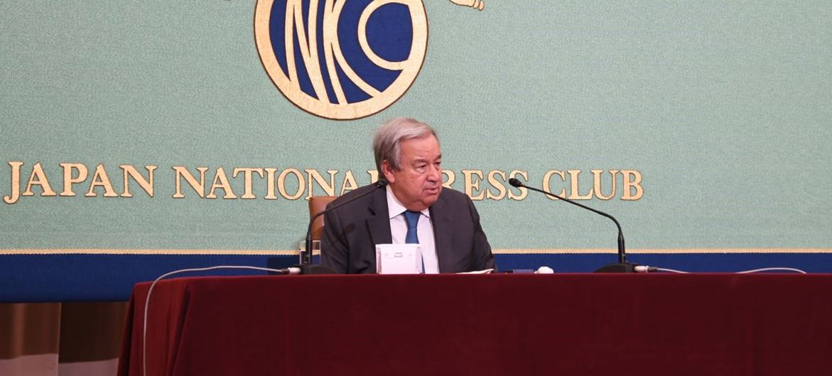 United Nations Secretary-General António Guterres speaks at the National Press Club of Japan in Tokyo.