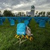 संयुक्त राष्ट्र मुख्यालय के उत्तरी तरफ़ स्थित बाग़ीचे में यूनीसेफ़ का बैगपैक अभियान, जो 2018 में युद्धों में मारे गए बच्चों की गंभीर स्थिति को दर्शाता है. (8 सितंबर 2019)