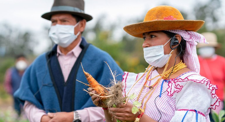Líderes indígenas en una zona rural de Imbabura, en Ecuador. Ellos reciben ayuda del Programa Mundial de Alimentos en medio de la pandemia.