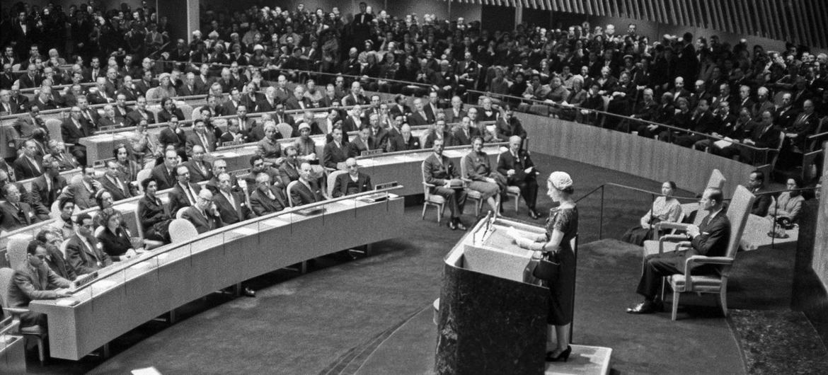 Queen Elizabeth II of Great Britain addressing the United Nations General Assembly in October 1957.