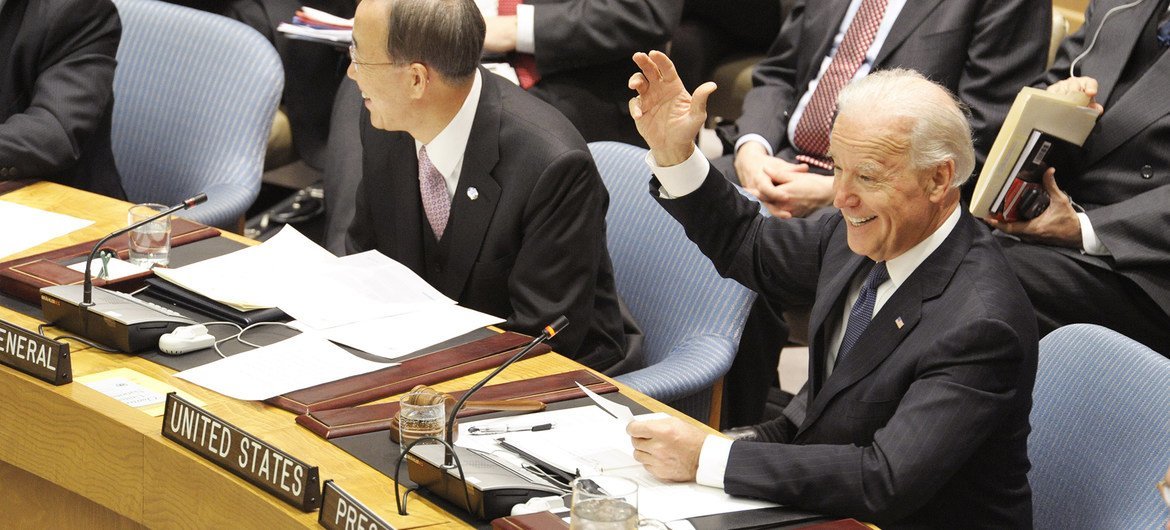 El presidente electo de Estados Unidos, entonces vicepresidente Joe Biden, en el Consejo de Seguridad de la ONU. 